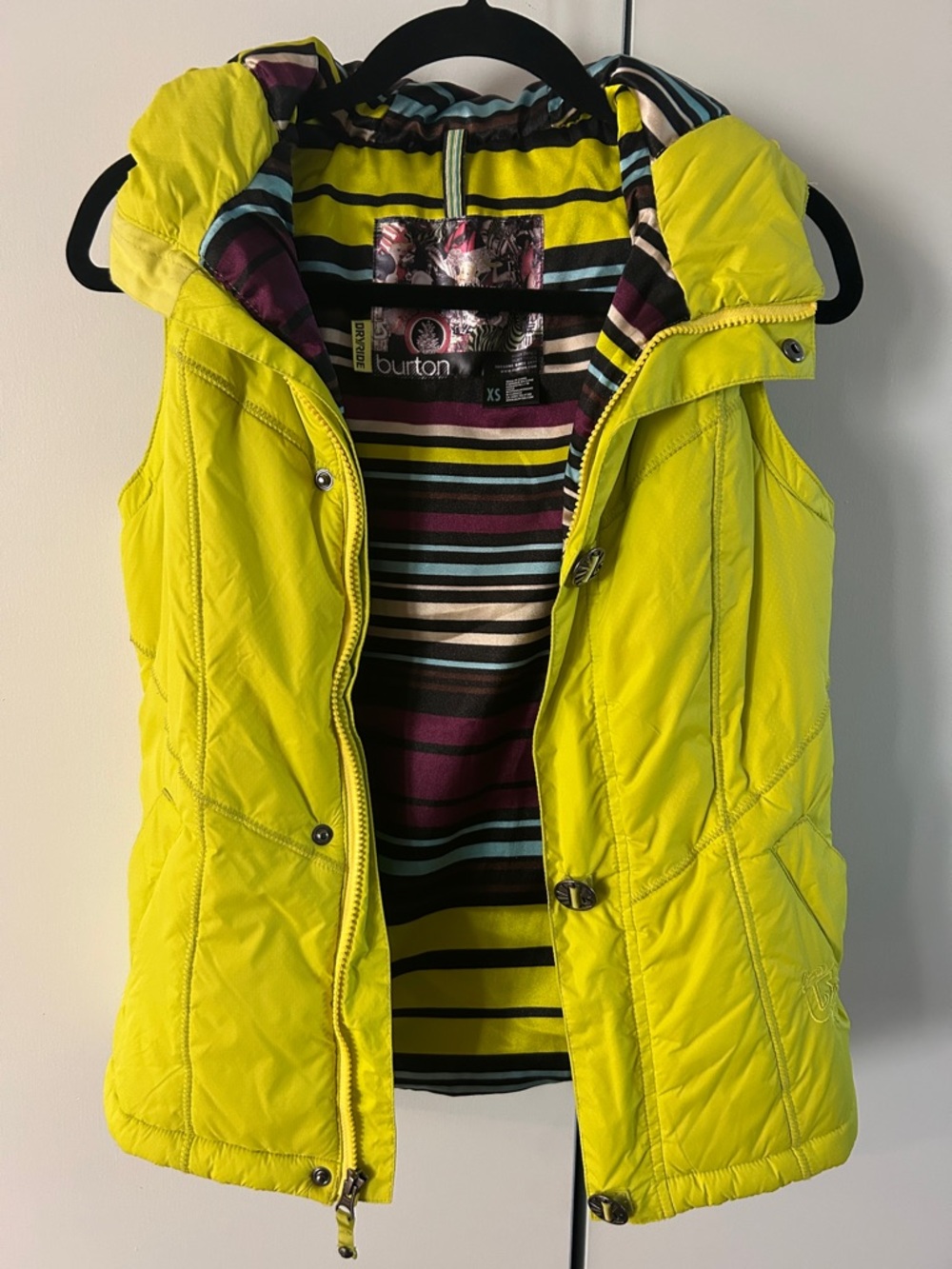 Burton Neon Yellow Quilted Hooded Vest with Striped Lining